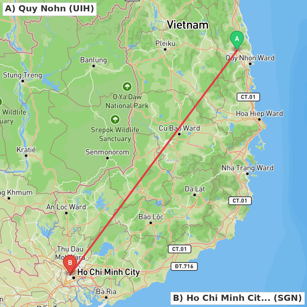 Flight route map from Quy Nohn to Ho Chi Minh City
