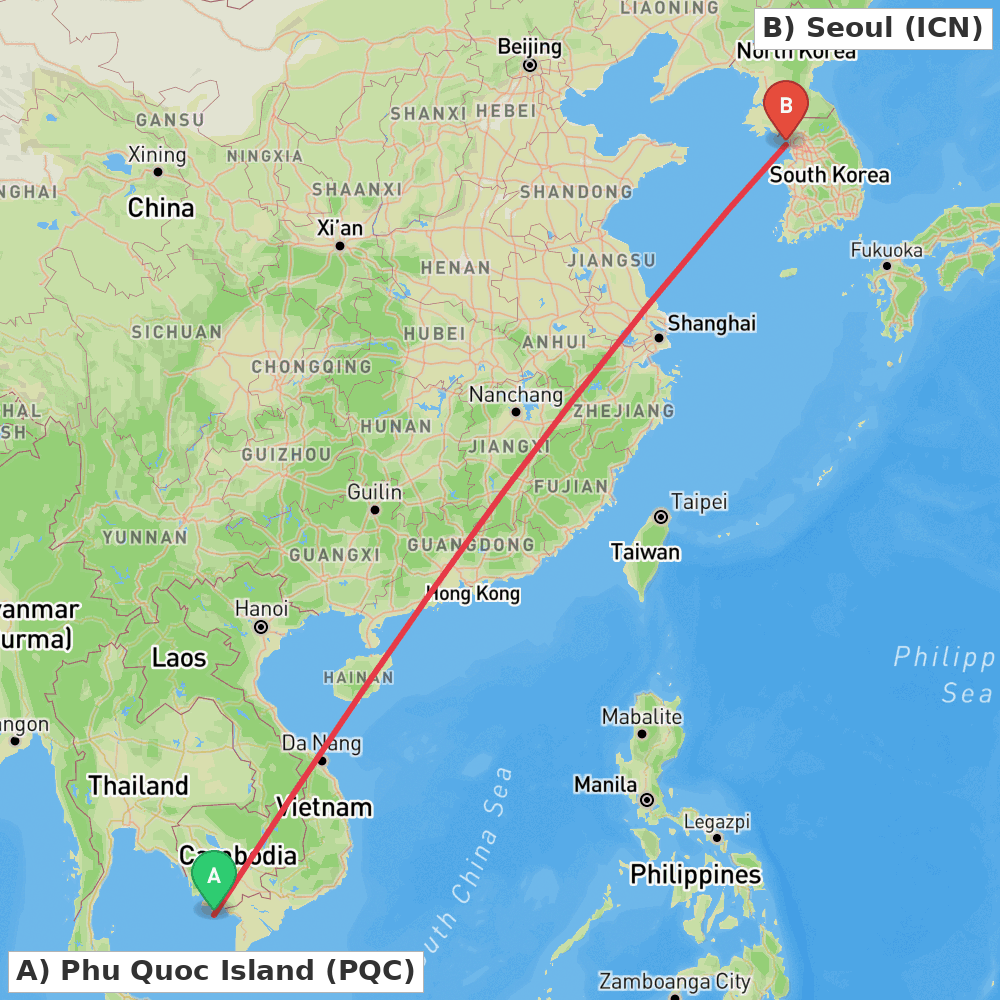 Flight route map from Phu Quoc Island to Seoul