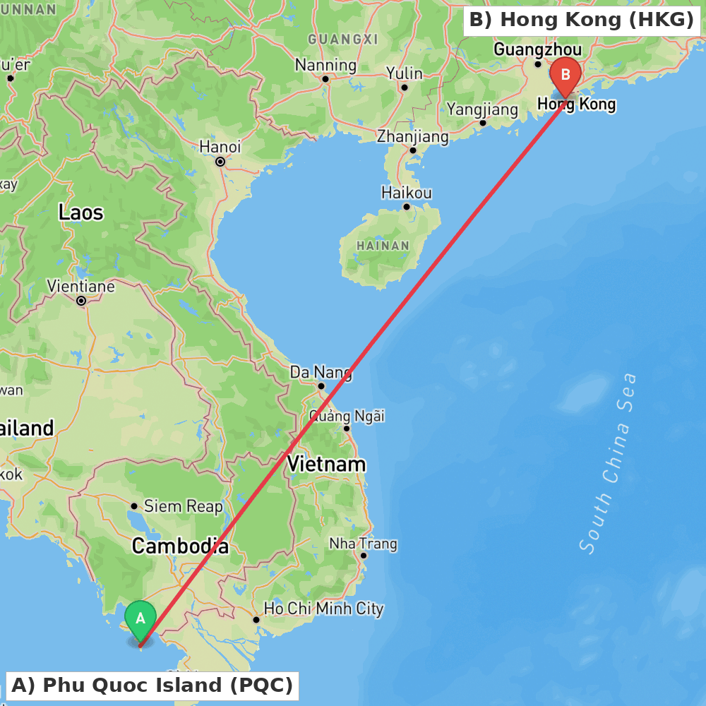 Flight route map from Phu Quoc Island to Hong Kong