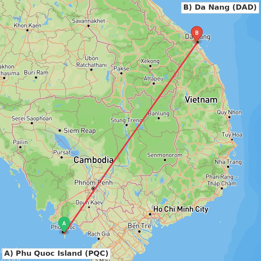 Flight route map from Phu Quoc Island to Da Nang