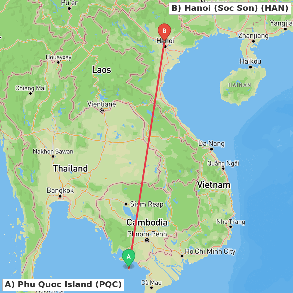 Flight route map from Phu Quoc Island to Hanoi (Soc Son)