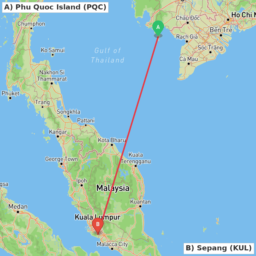 Flight route map from Phu Quoc Island to Sepang