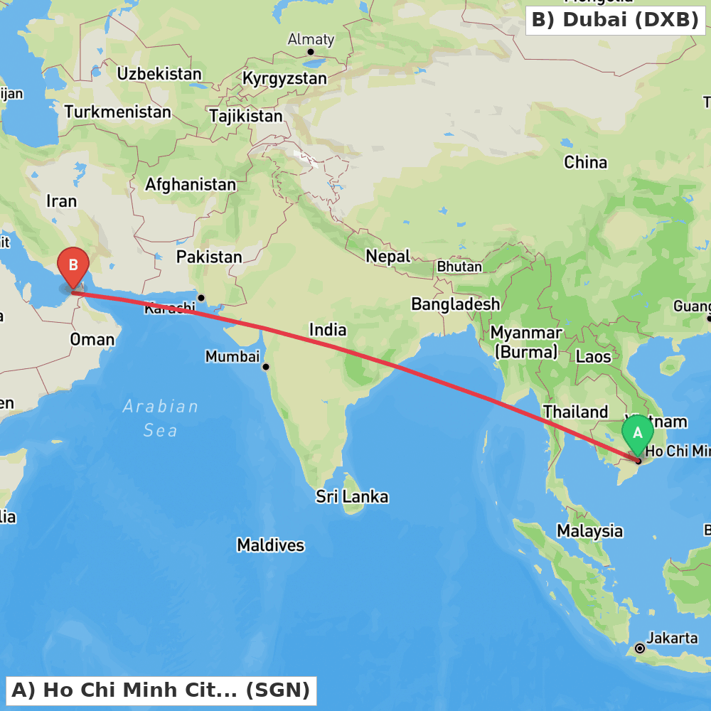 Flight route map from Ho Chi Minh City to Dubai
