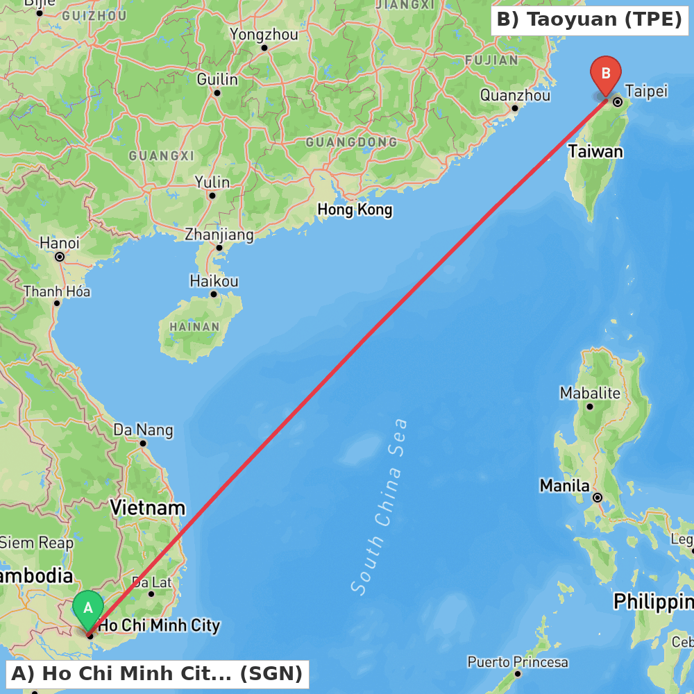 Flight route map from Ho Chi Minh City to Taoyuan