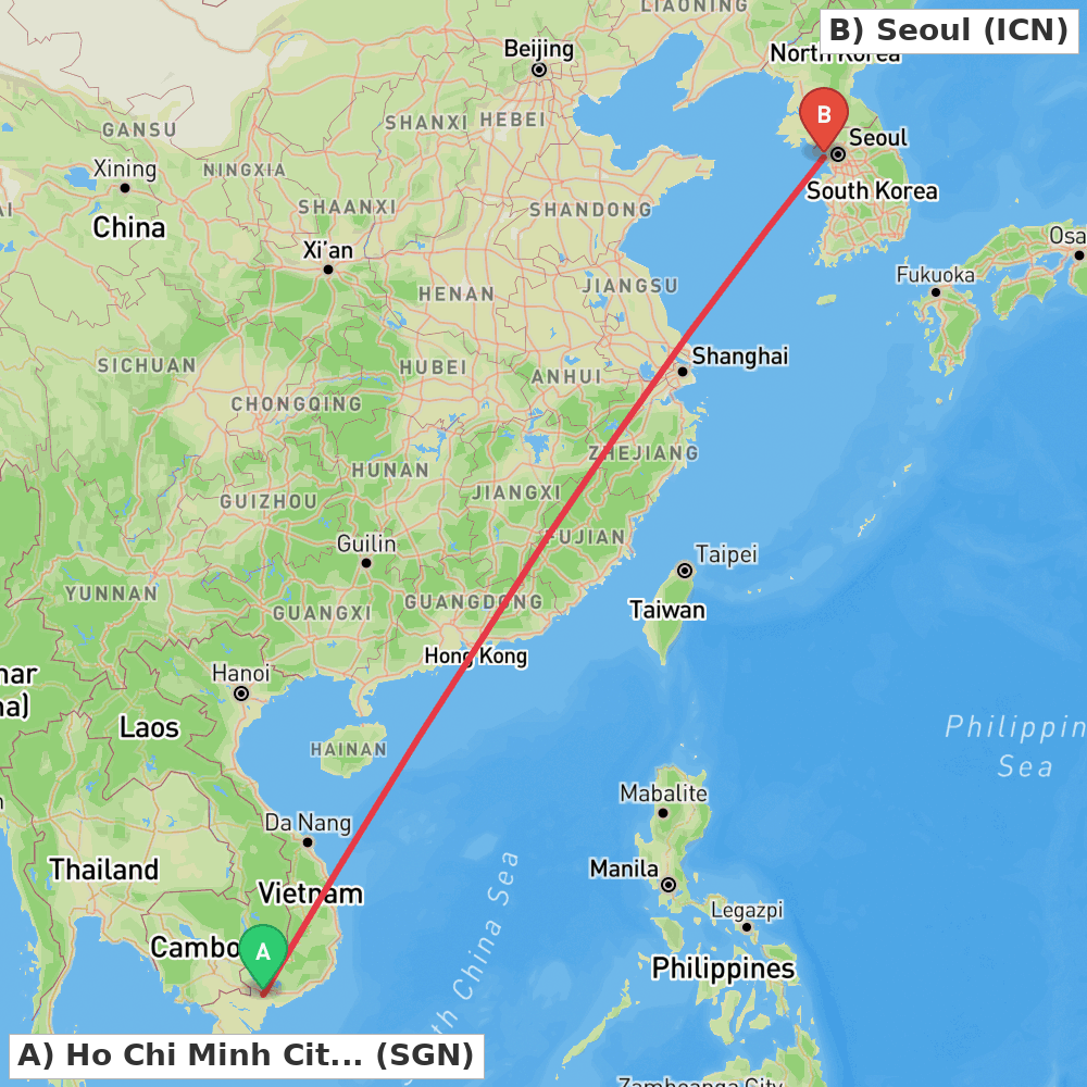Flight route map from Ho Chi Minh City to Seoul