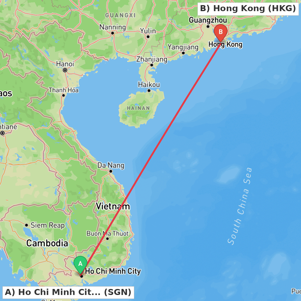 Flight route map from Ho Chi Minh City to Hong Kong