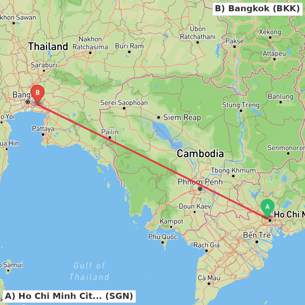Flight route map from Ho Chi Minh City to Bangkok