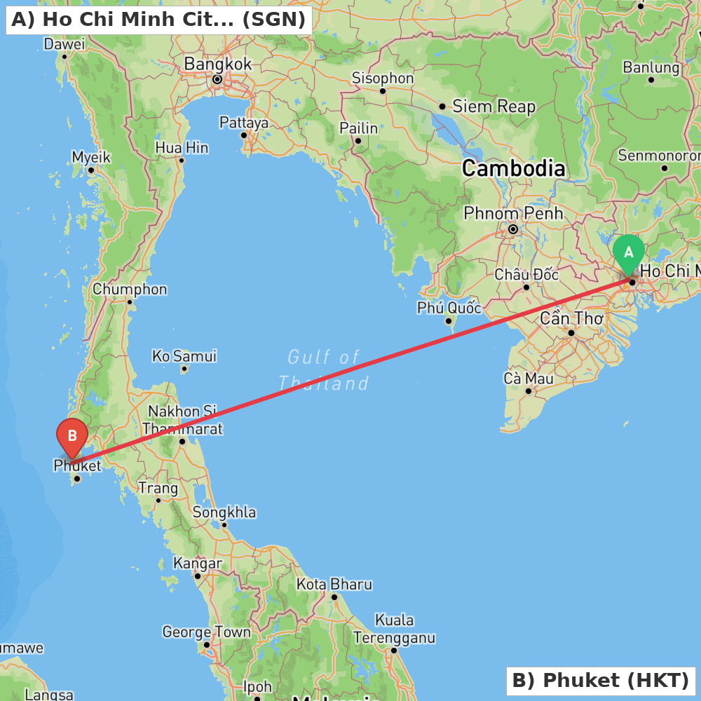 Flight route map from Ho Chi Minh City to Phuket
