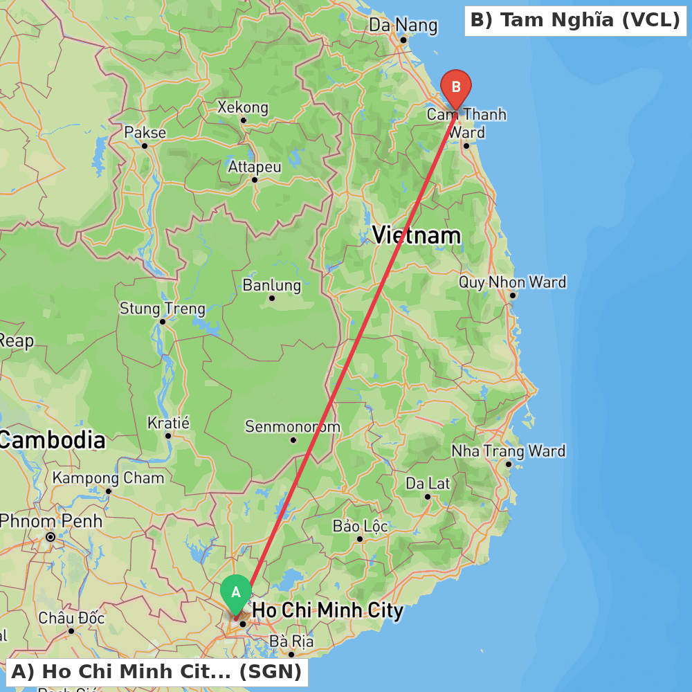 Flight route map from Ho Chi Minh City to Tam Nghĩa