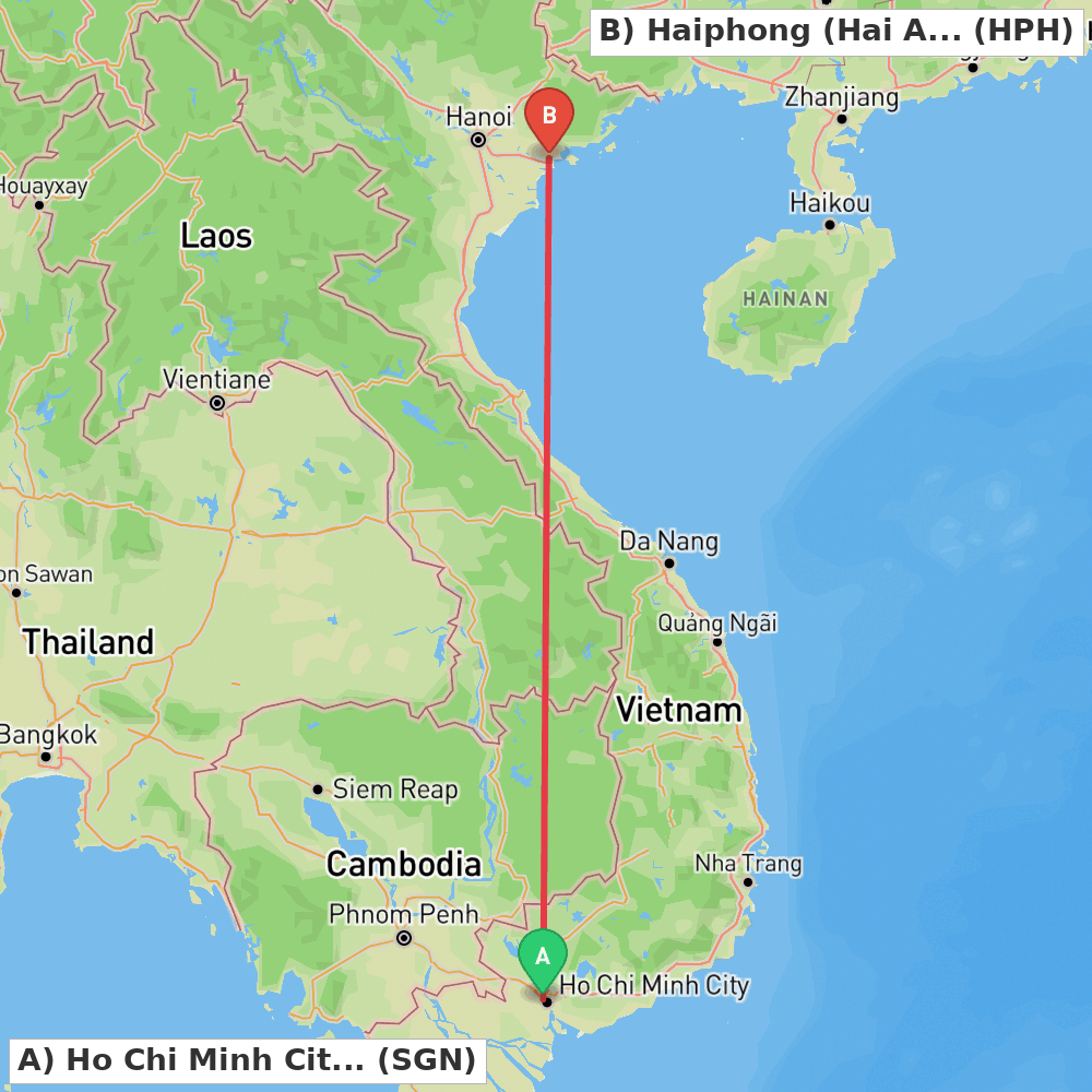 Flight route map from Ho Chi Minh City to Haiphong (Hai An)