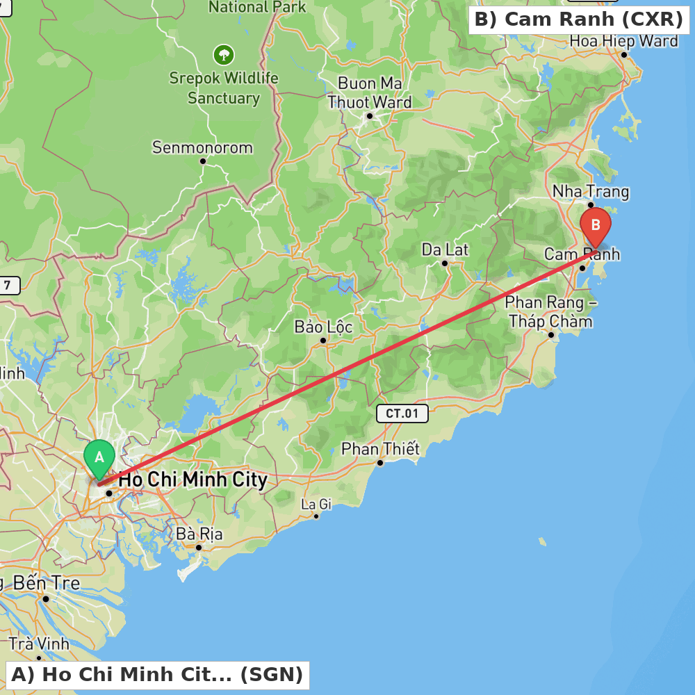 Flight route map from Ho Chi Minh City to Cam Ranh