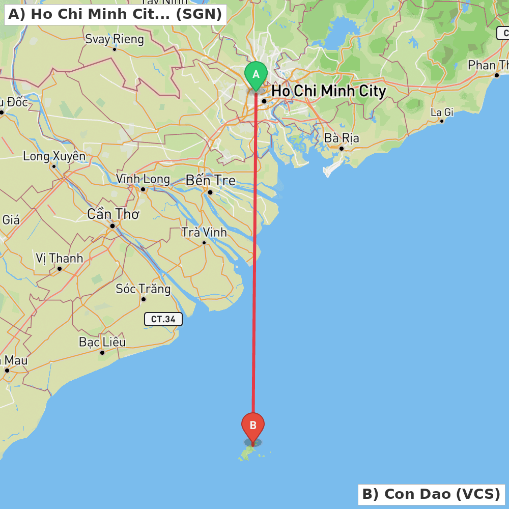 Flight route map from Ho Chi Minh City to Con Dao