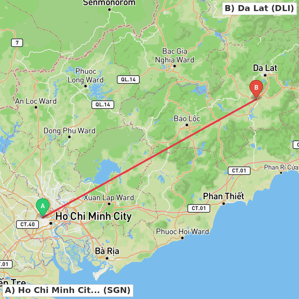Flight route map from Ho Chi Minh City to Da Lat