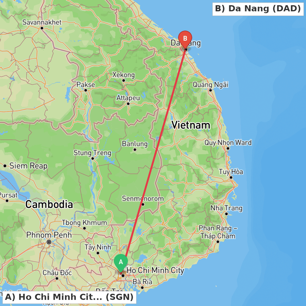 Flight route map from Ho Chi Minh City to Da Nang