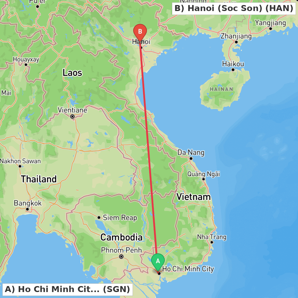 Flight route map from Ho Chi Minh City to Hanoi (Soc Son)