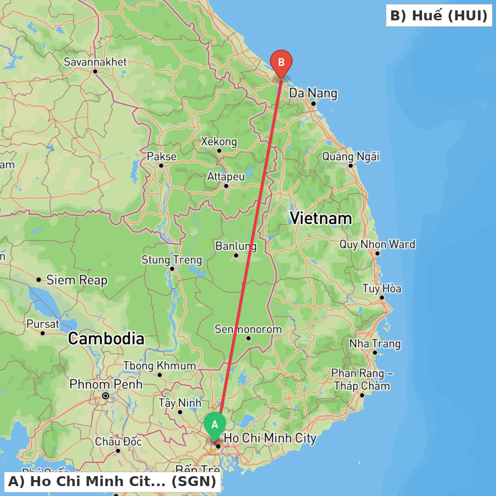 Flight route map from Ho Chi Minh City to Huế