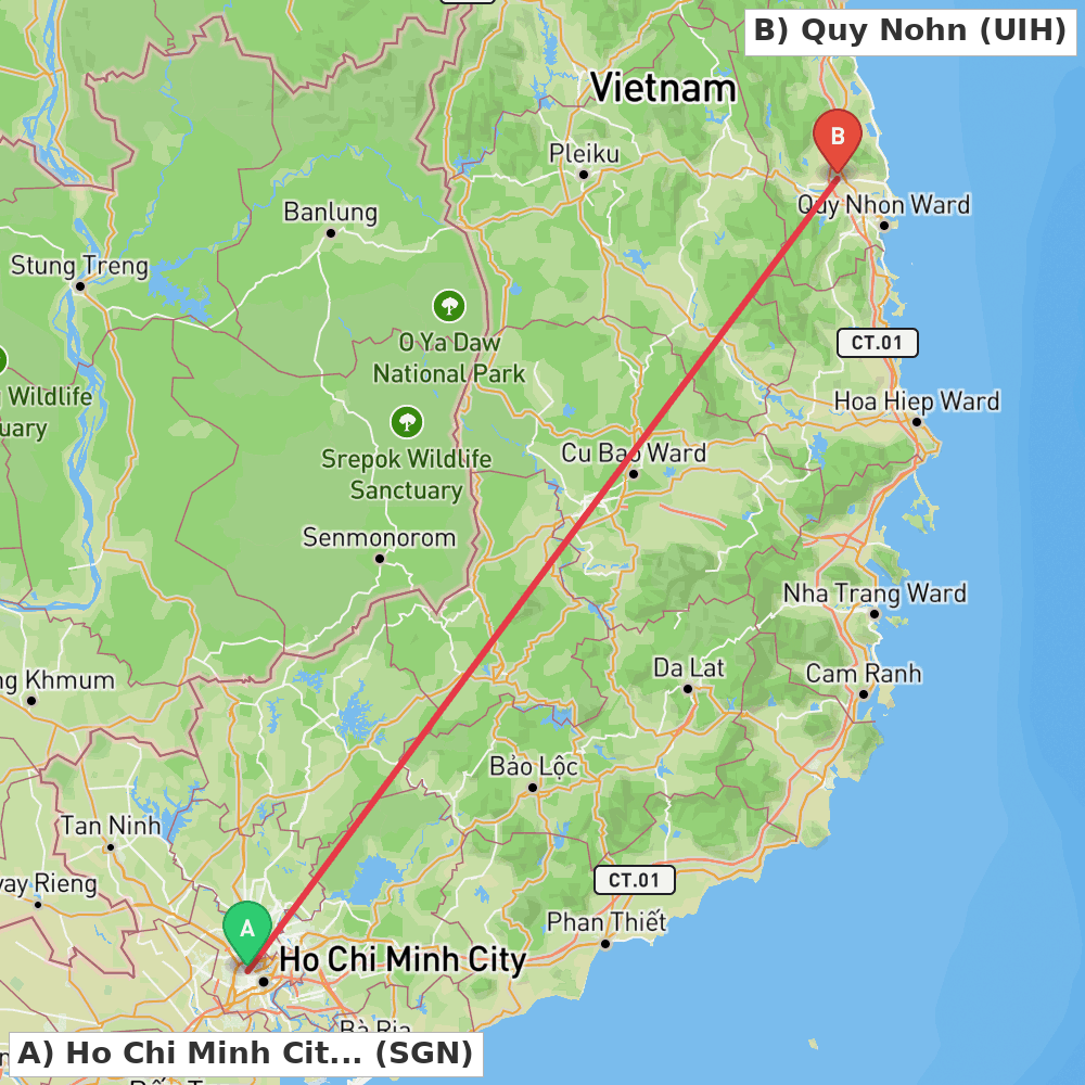 Flight route map from Ho Chi Minh City to Quy Nohn