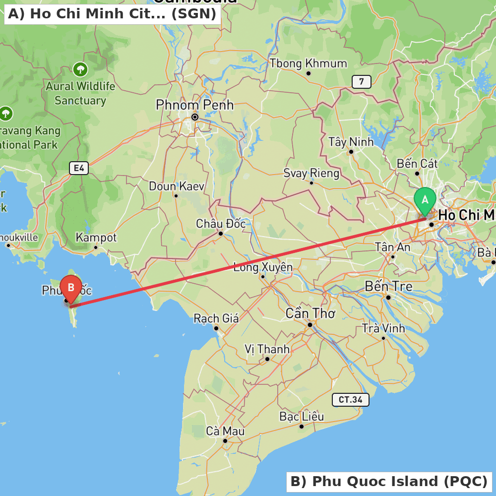 Flight route map from Ho Chi Minh City to Phu Quoc Island