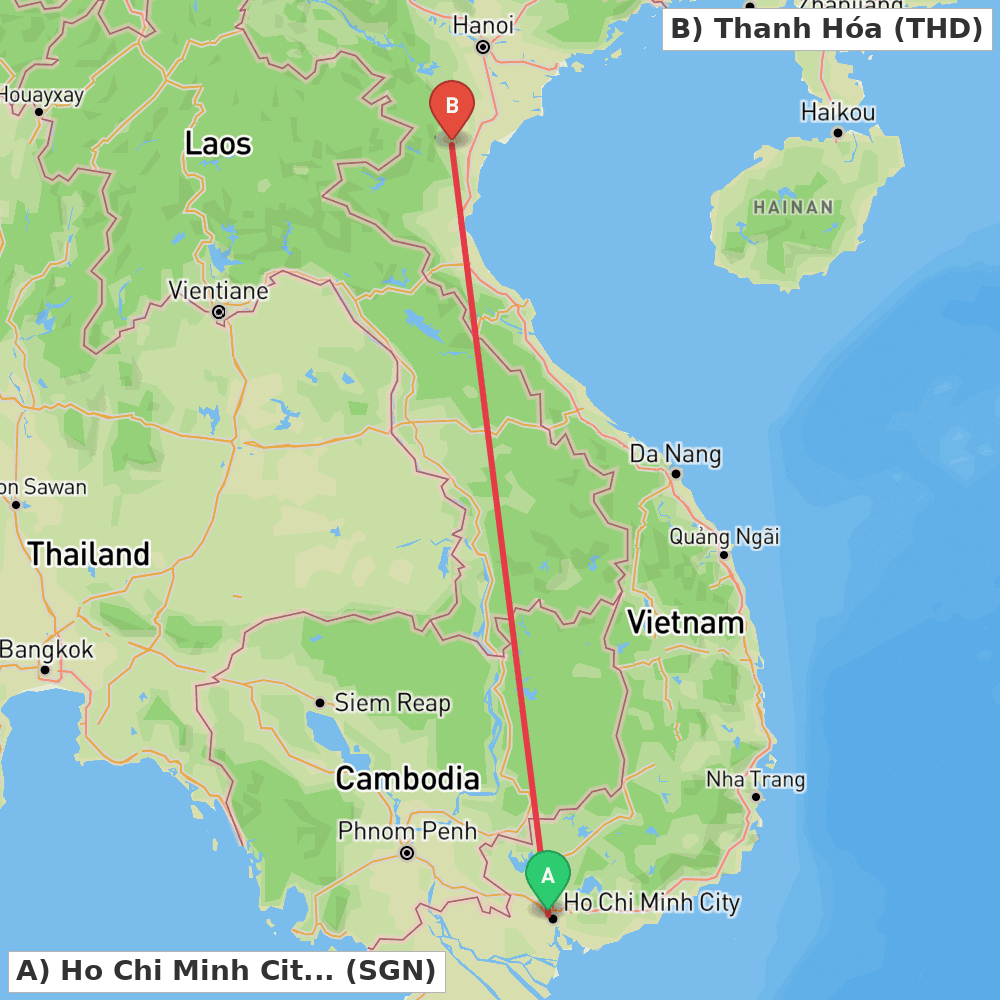 Flight route map from Ho Chi Minh City to Thanh Hóa
