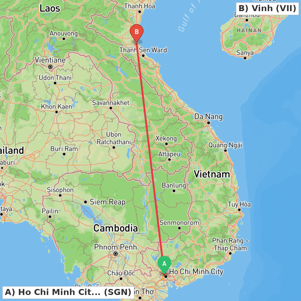 Flight route map from Ho Chi Minh City to Vinh