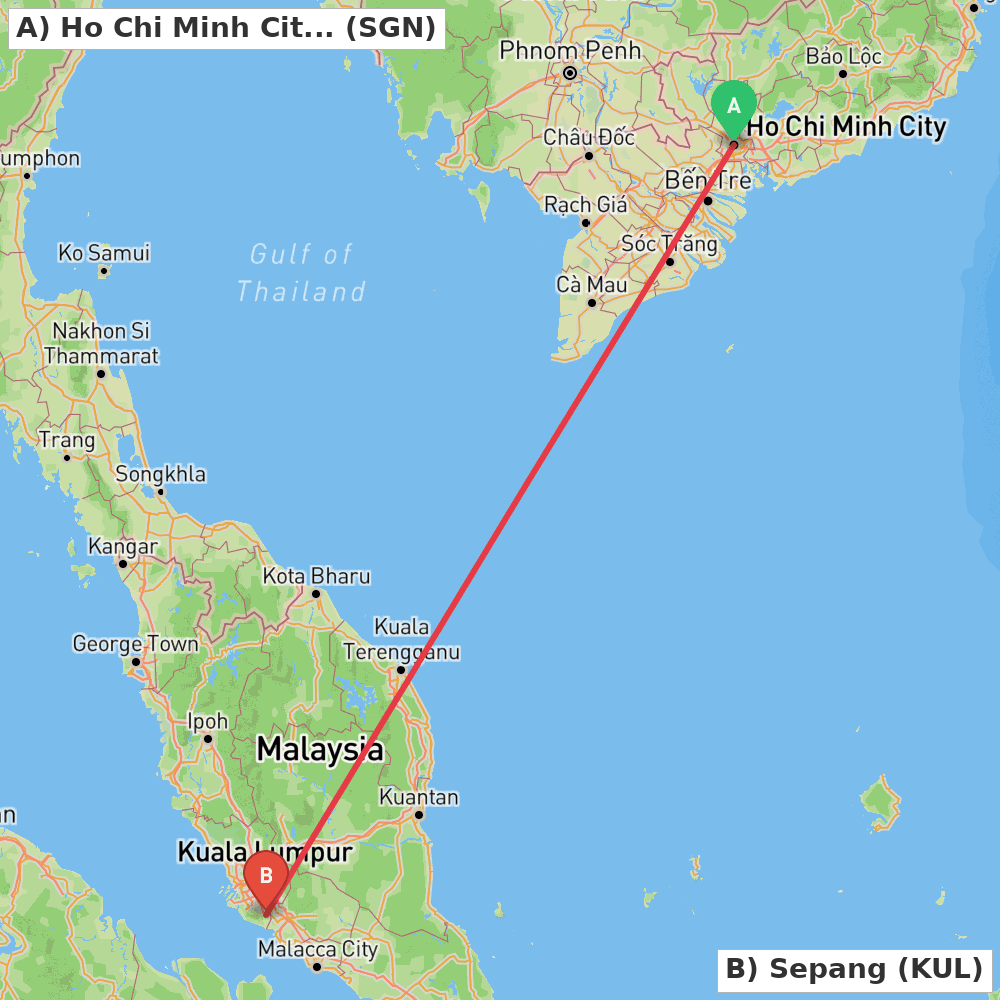 Flight route map from Ho Chi Minh City to Sepang