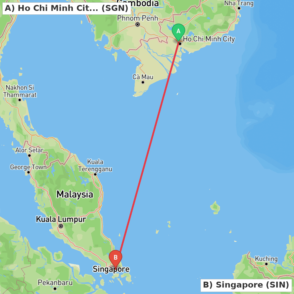 Flight route map from Ho Chi Minh City to Singapore