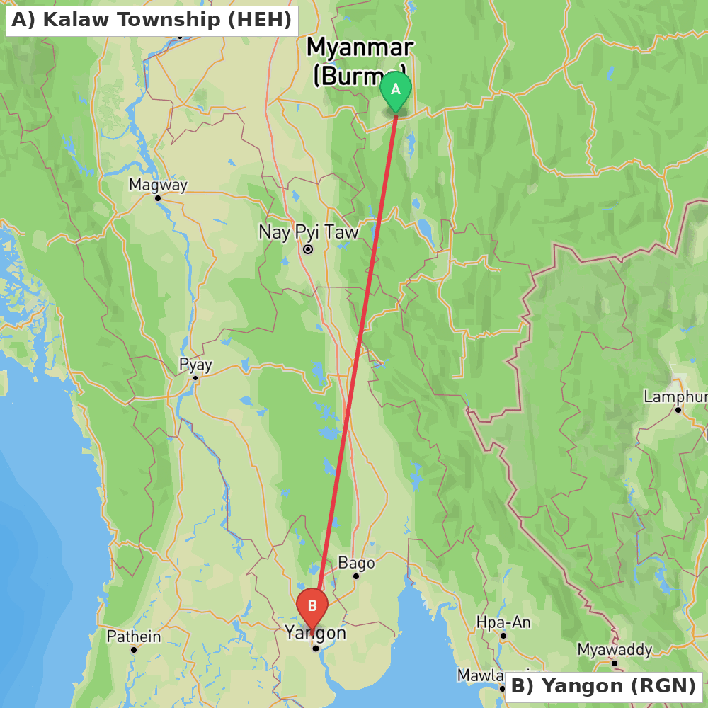 Flight route map from Kalaw Township to Yangon