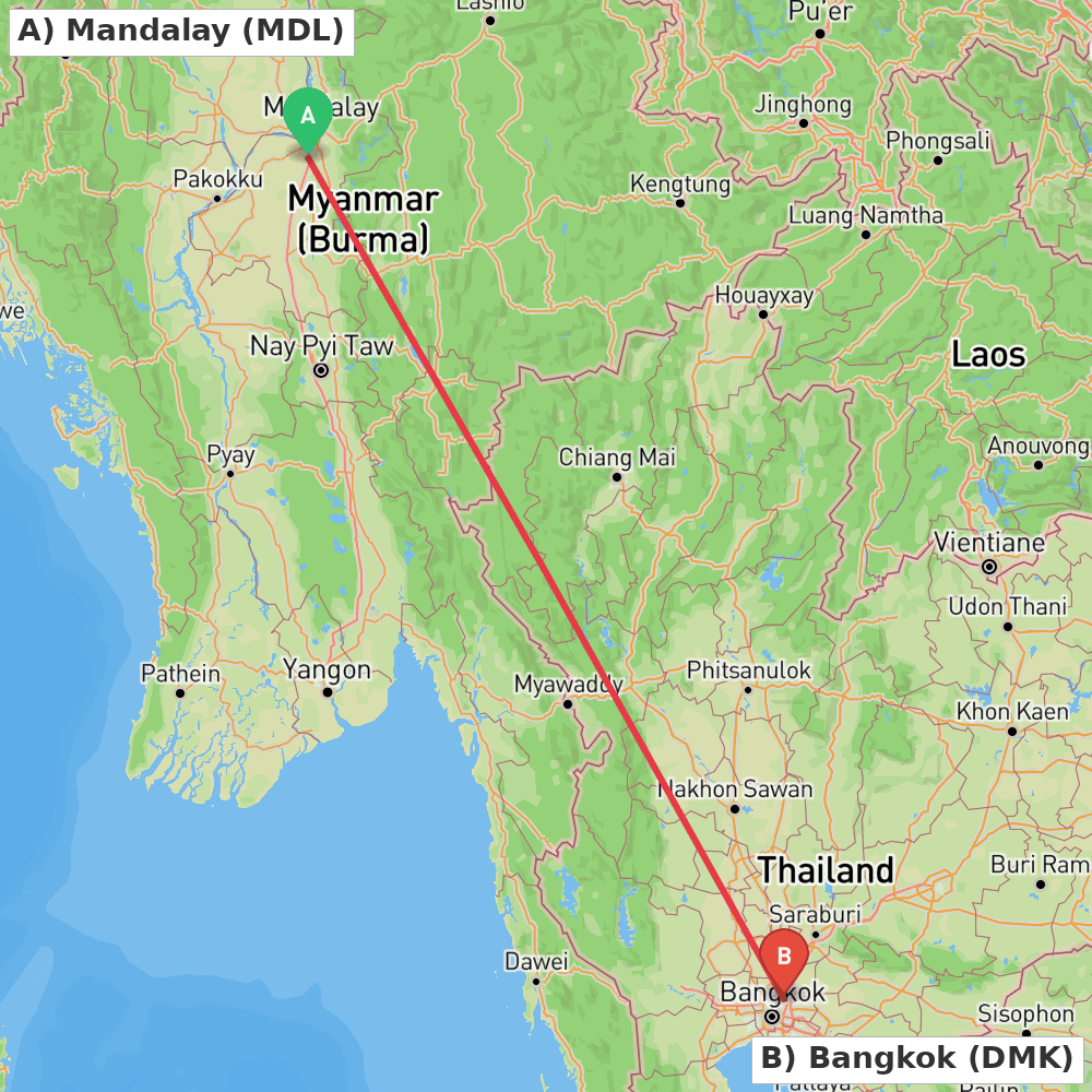 Flight route map from Mandalay to Bangkok
