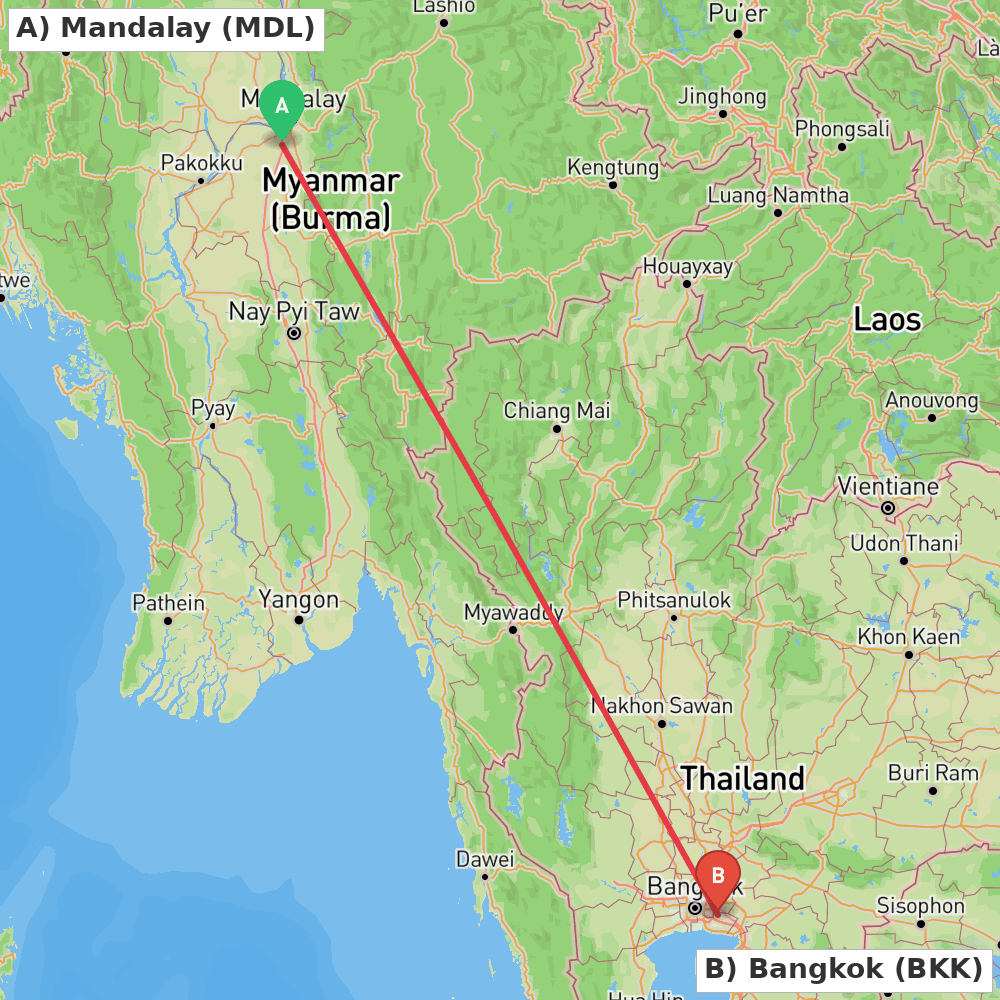 Flight route map from Mandalay to Bangkok