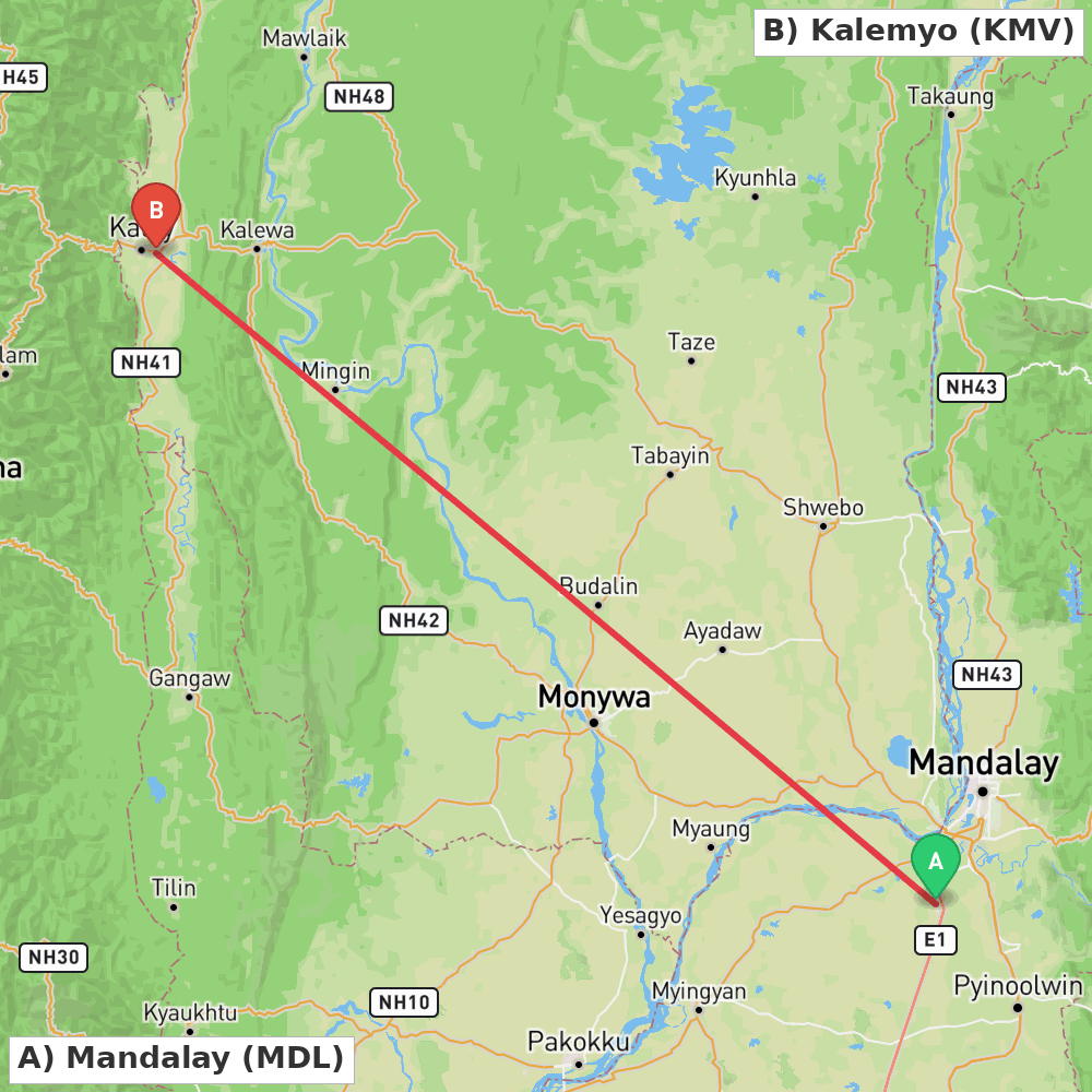 Flight route map from Mandalay to Kalemyo