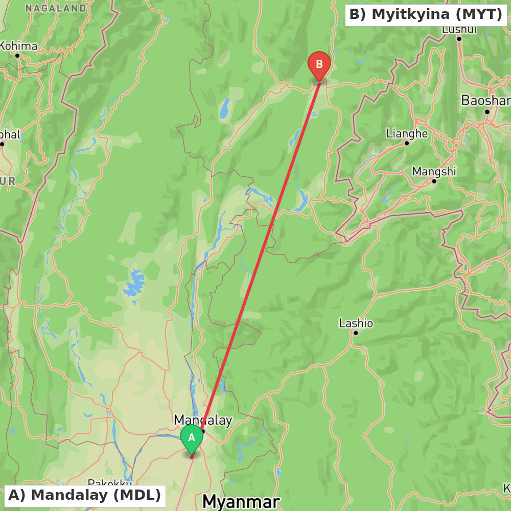 Flight route map from Mandalay to Myitkyina
