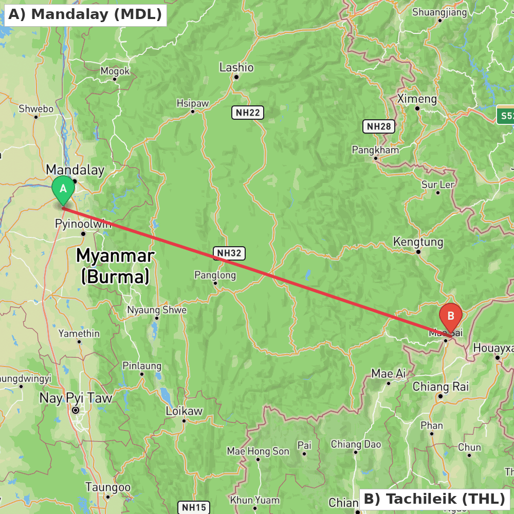 Flight route map from Mandalay to Tachileik