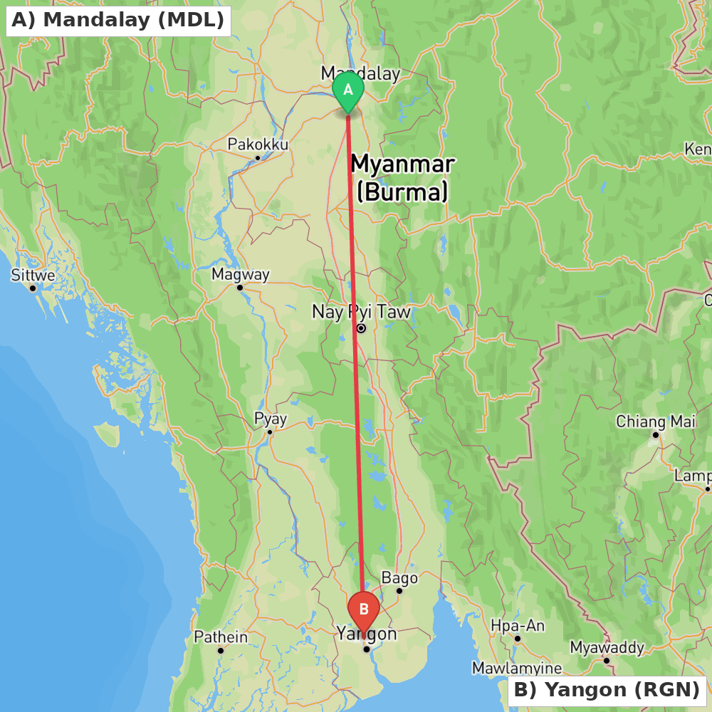 Flight route map from Mandalay to Yangon