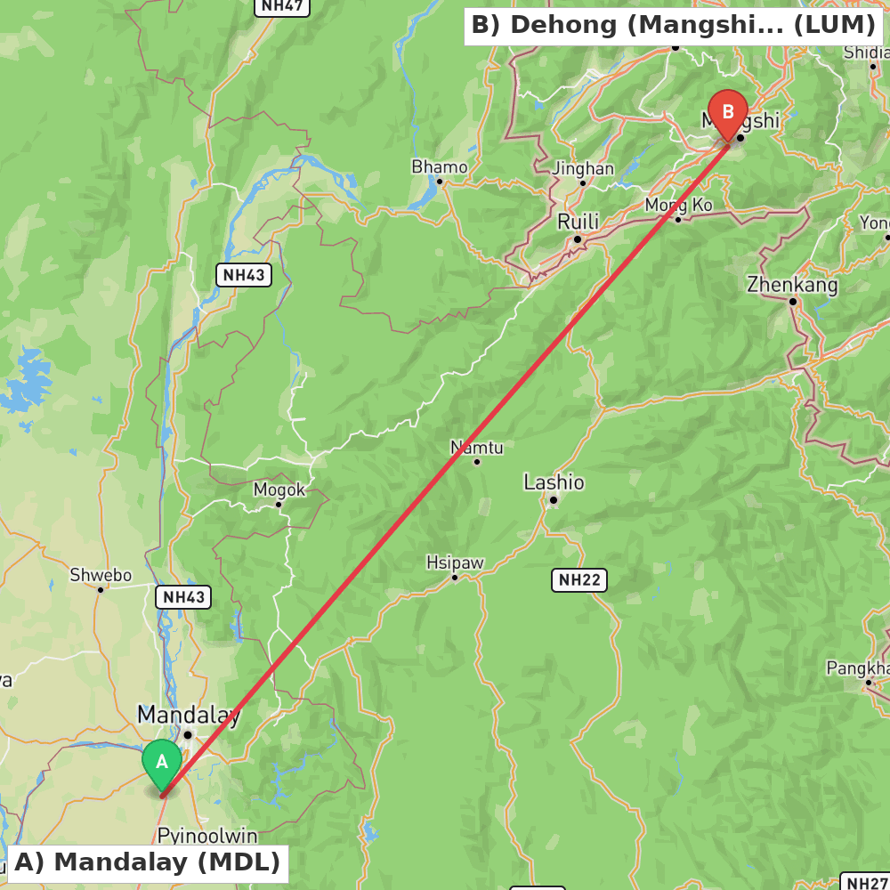 Flight route map from Mandalay to Dehong (Mangshi)