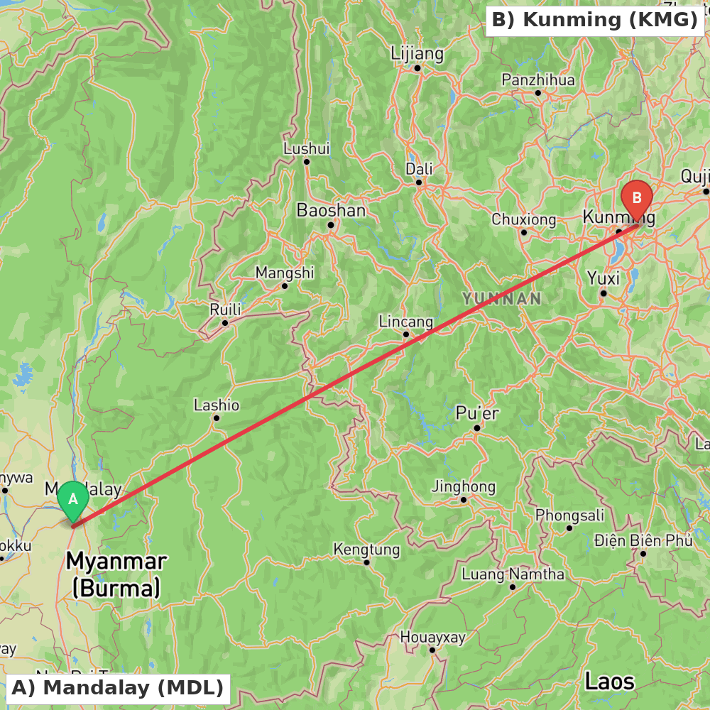 Flight route map from Mandalay to Kunming