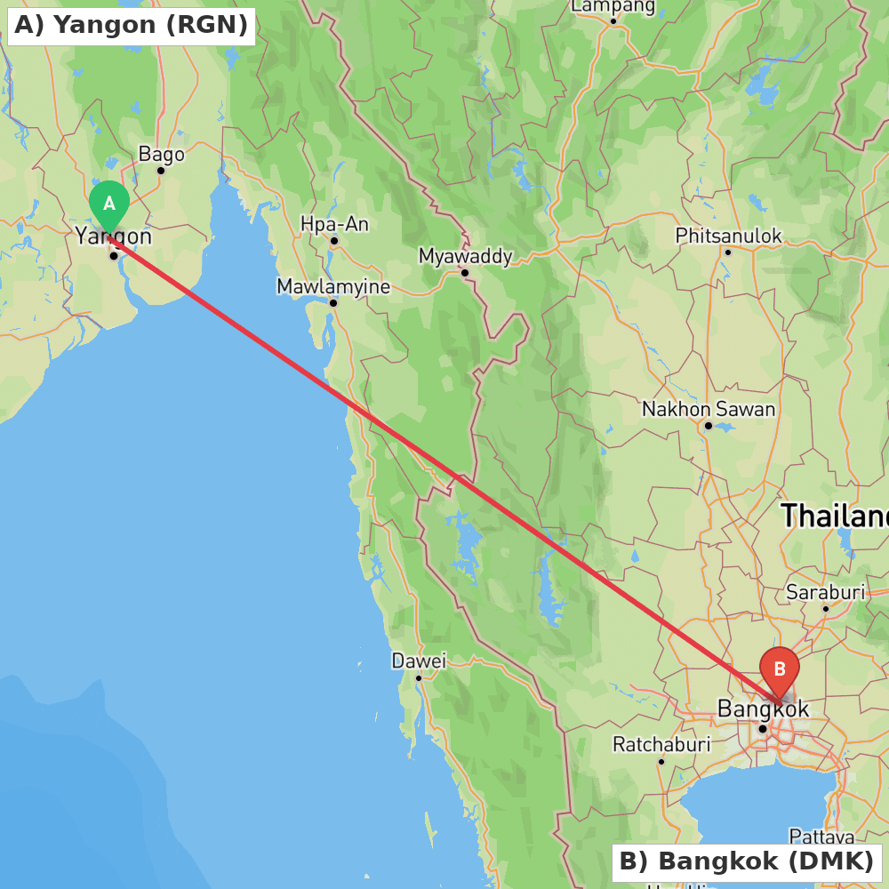 Flight route map from Yangon to Bangkok