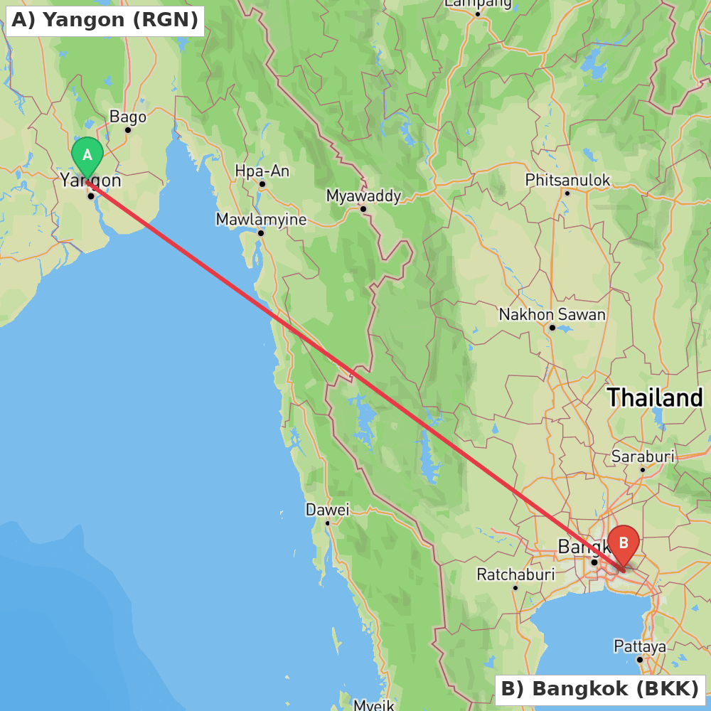 Flight route map from Yangon to Bangkok