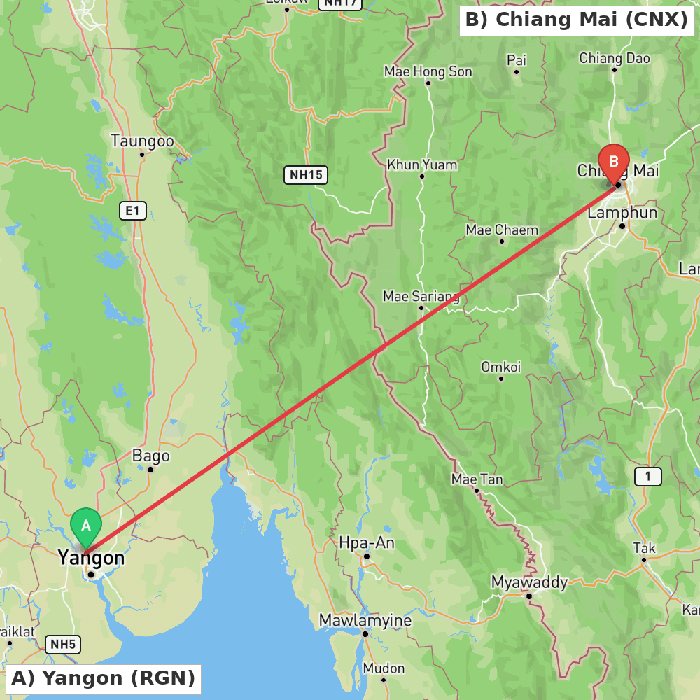 Flight route map from Yangon to Chiang Mai