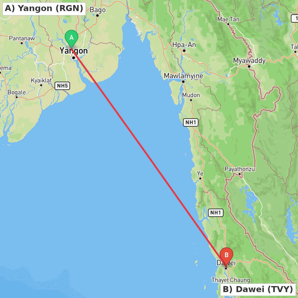 Flight route map from Yangon to Dawei