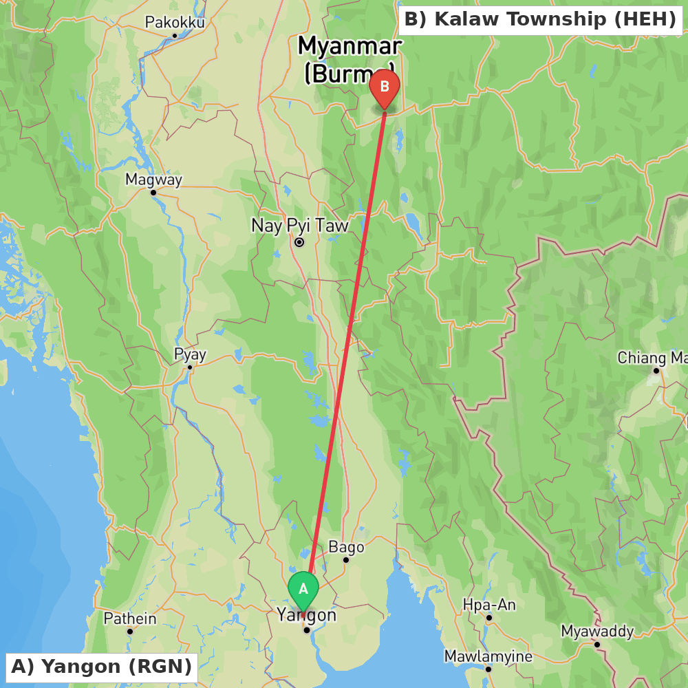 Flight route map from Yangon to Kalaw Township