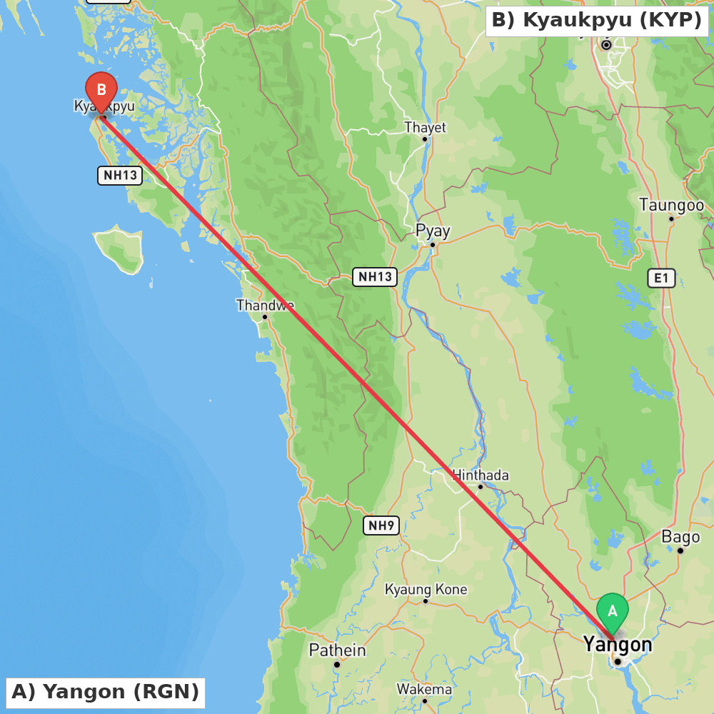 Flight route map from Yangon to Kyaukpyu