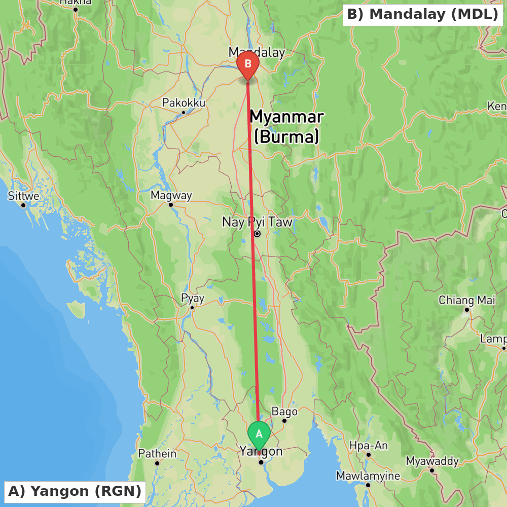 Flight route map from Yangon to Mandalay