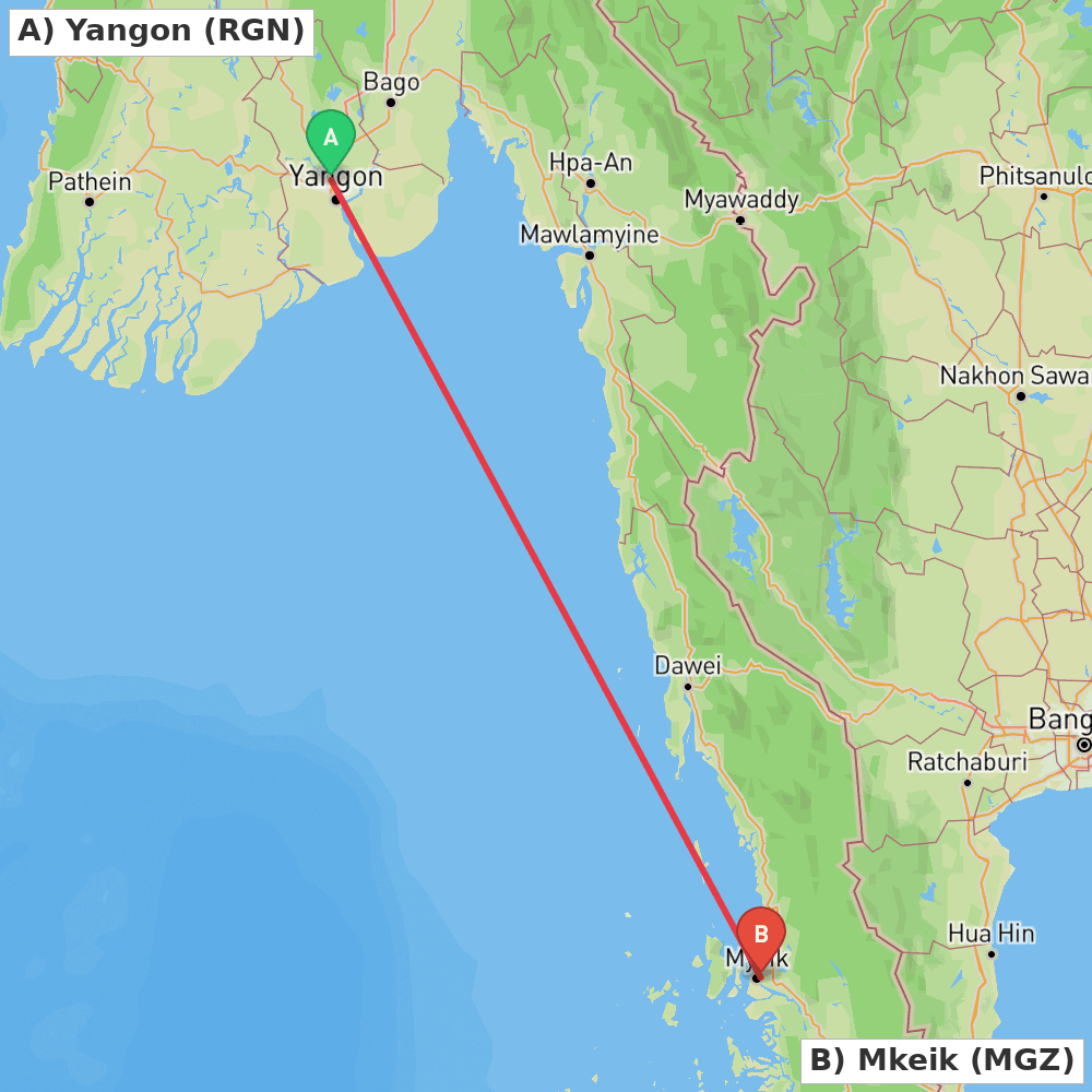 Flight route map from Yangon to Mkeik