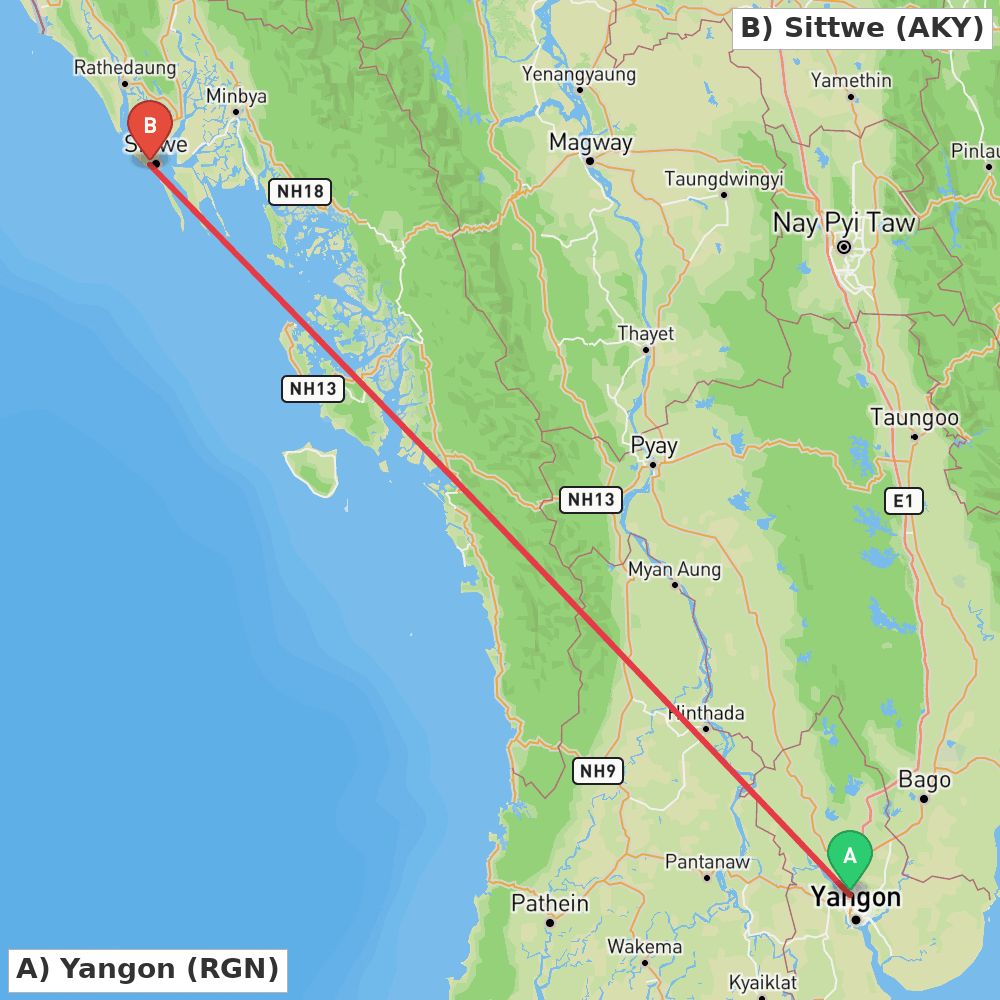 Flight route map from Yangon to Sittwe