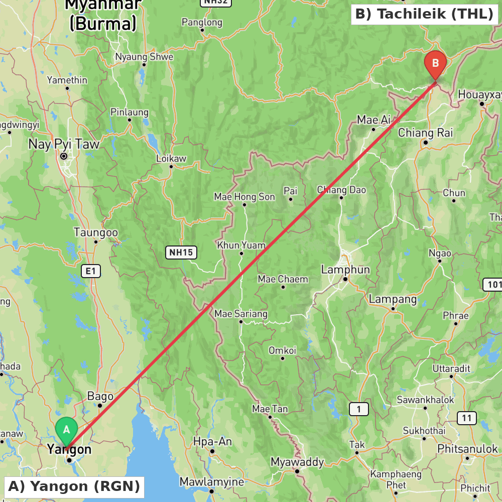 Flight route map from Yangon to Tachileik