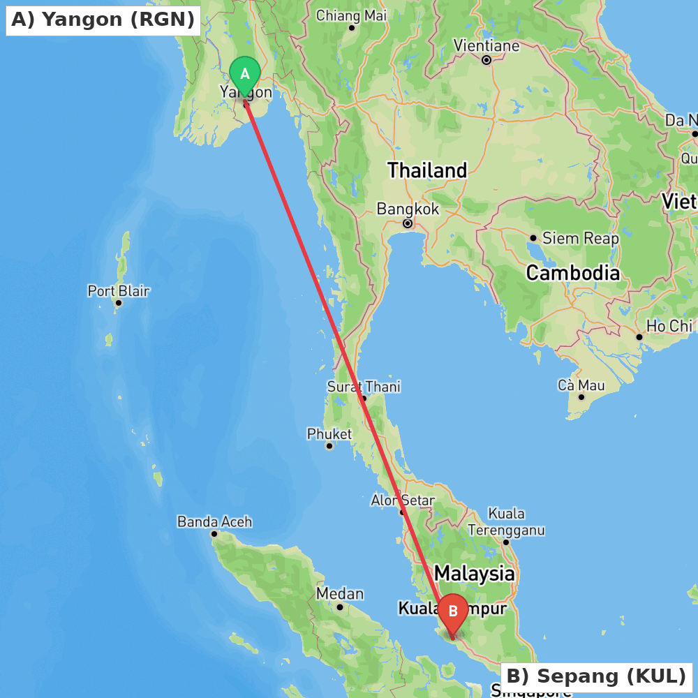 Flight route map from Yangon to Sepang