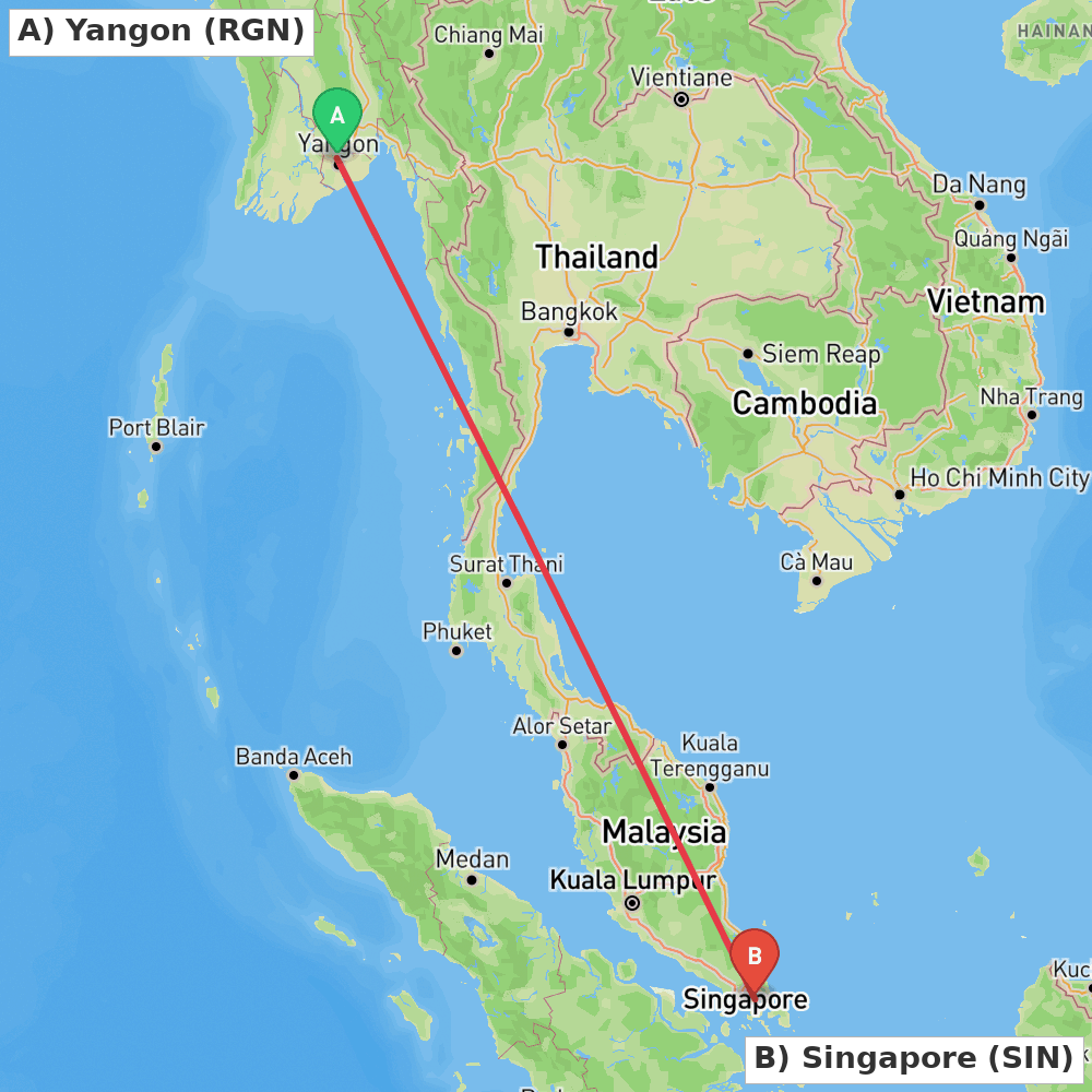 Flight route map from Yangon to Singapore