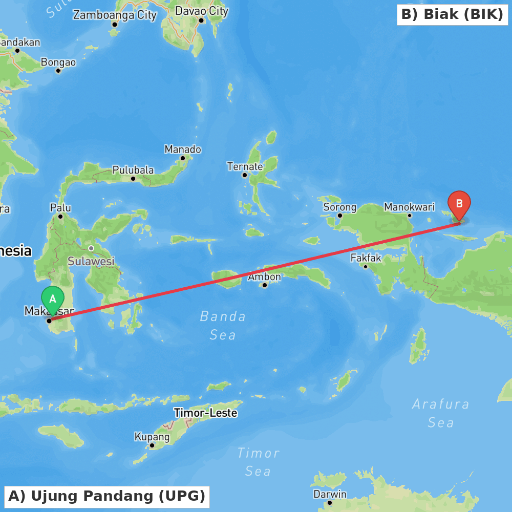 Flight route map from Ujung Pandang to Biak