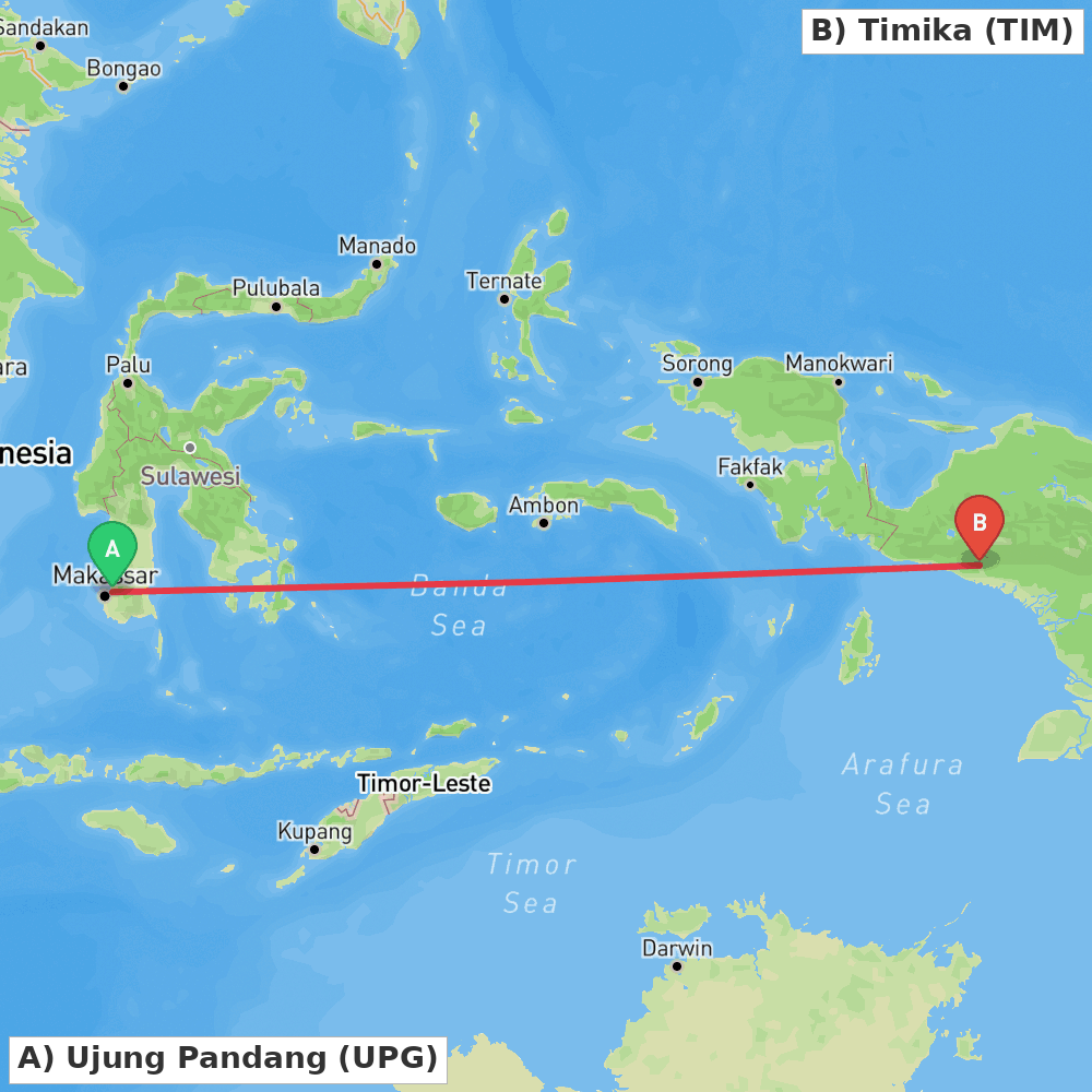 Flight route map from Ujung Pandang to Timika