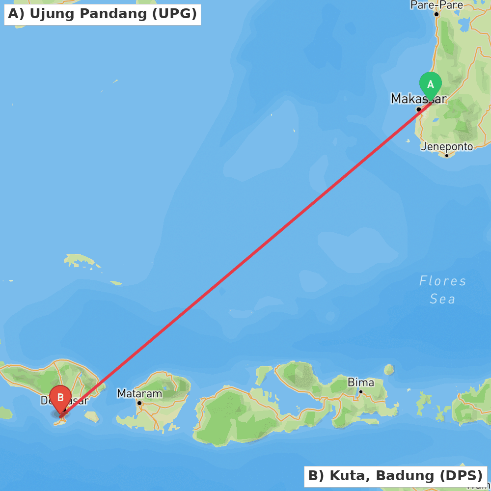 Flight route map from Ujung Pandang to Kuta, Badung